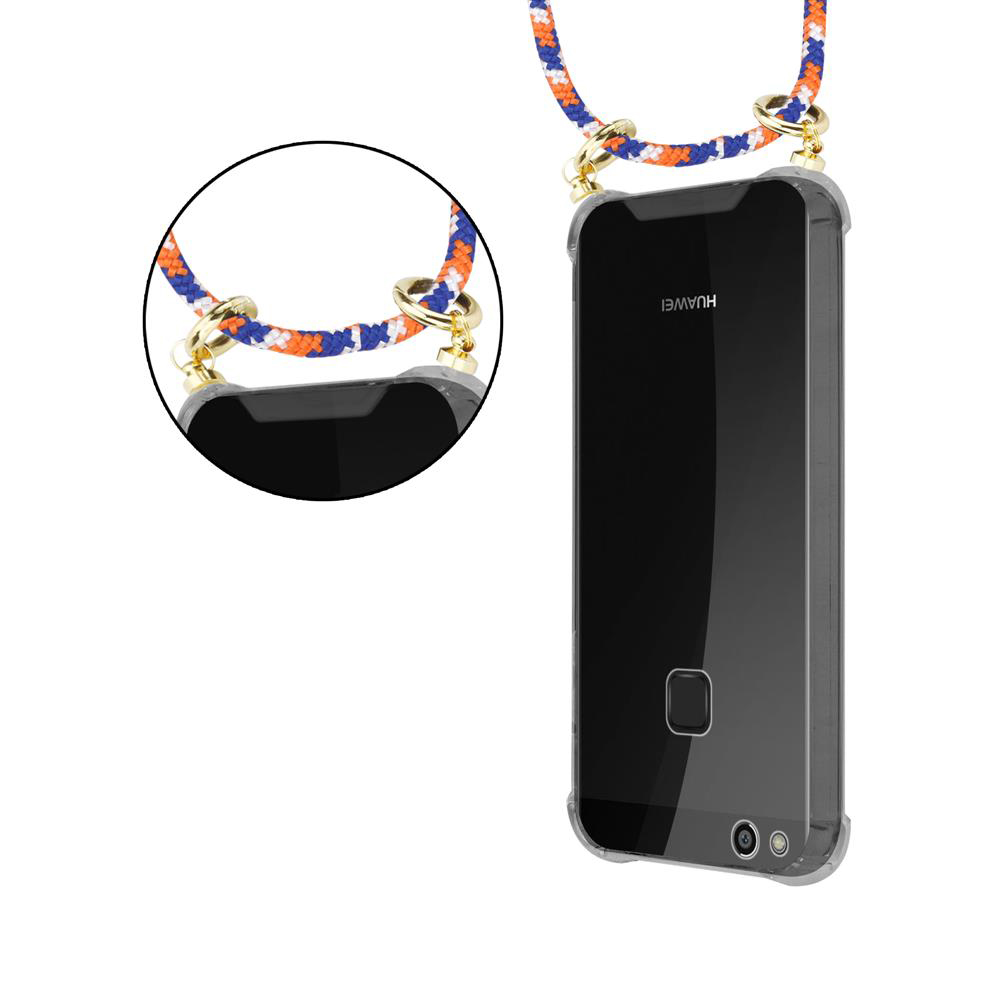 Uno smartphone con un cordino blu, arancione e bianco come laccetto.