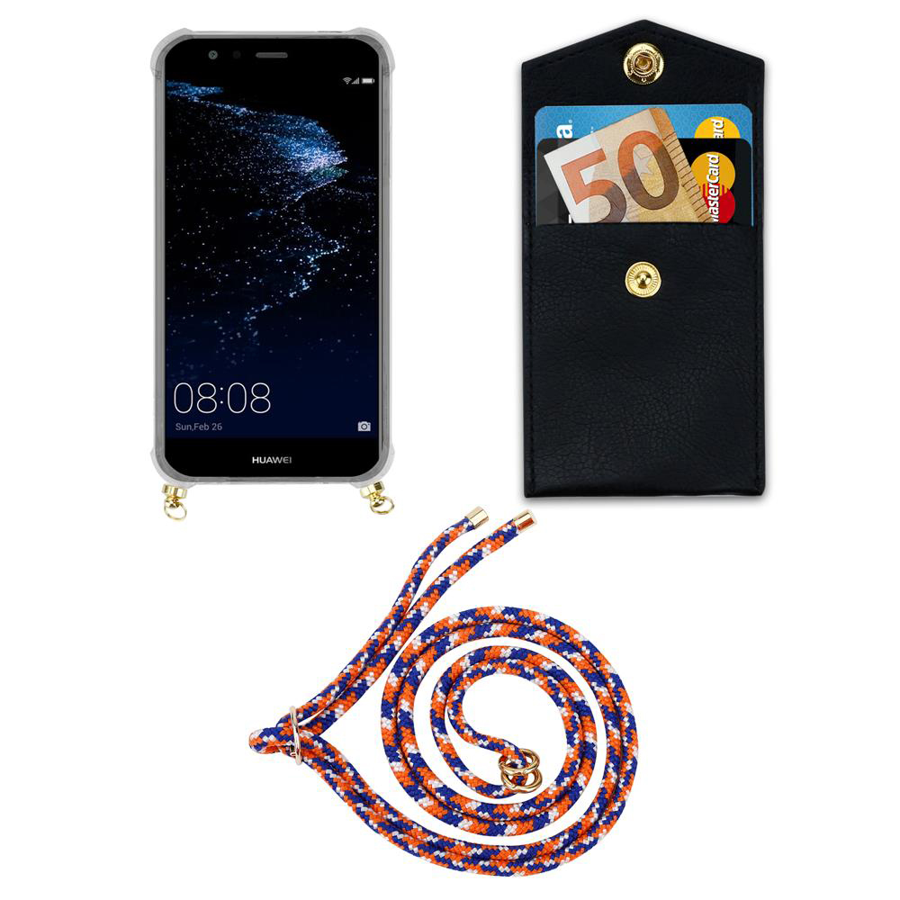 Smartphone con custodia, portafoglio nero con carte e banconota da 50 euro, cordino.