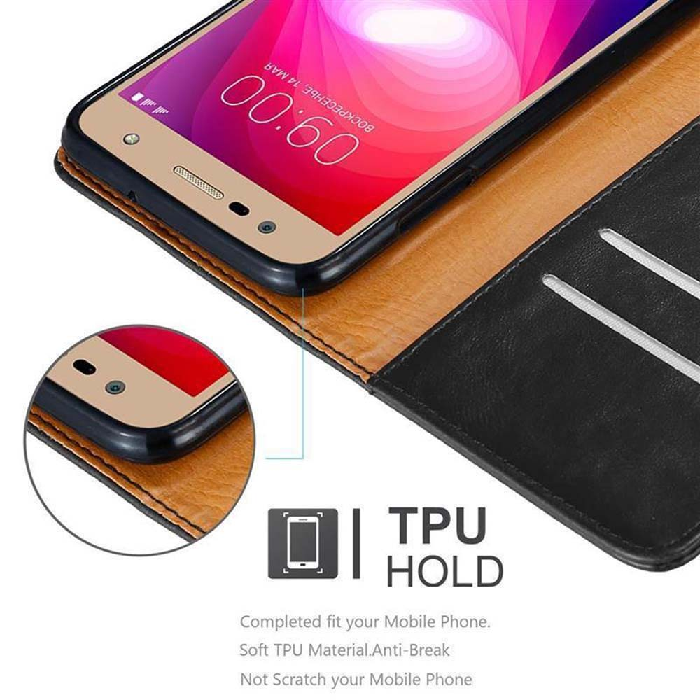 Un telefono cellulare in una custodia marrone e nera con logo "TPU HOLD".