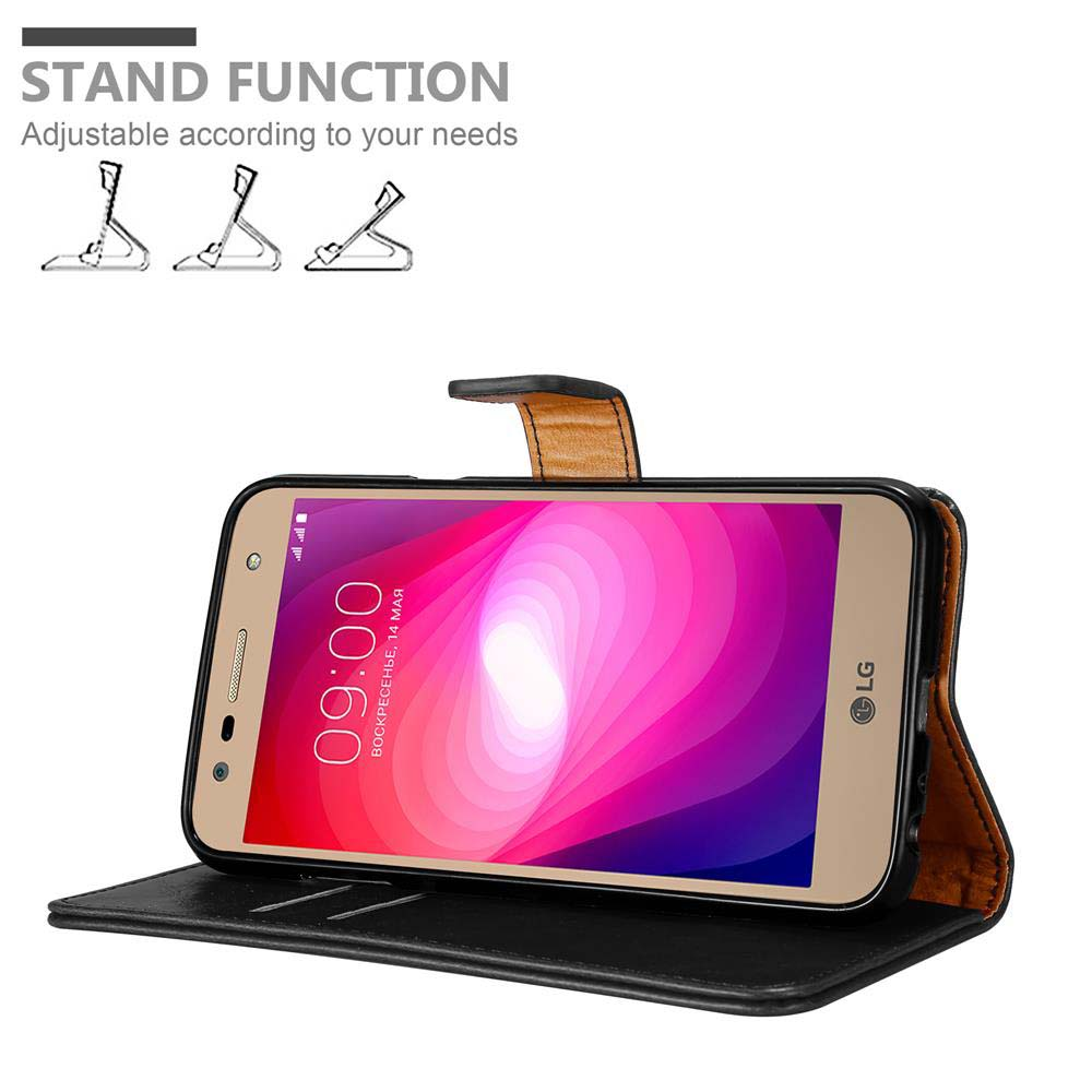 Custodia in pelle nera con smartphone LG che mostra le 09:00 sullo schermo.