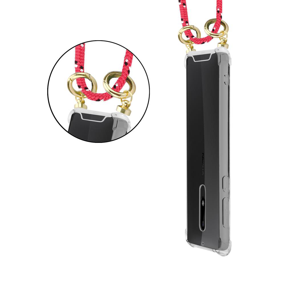 Ein durchsichtiges Handy mit roter Kordel und goldenen Ringen, das an einer Kette hängt.