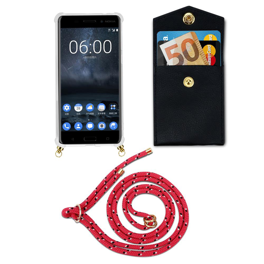Ein Nokia-Handy mit Hülle, Portemonnaie mit Euro und Karte, rotes Lanyard.