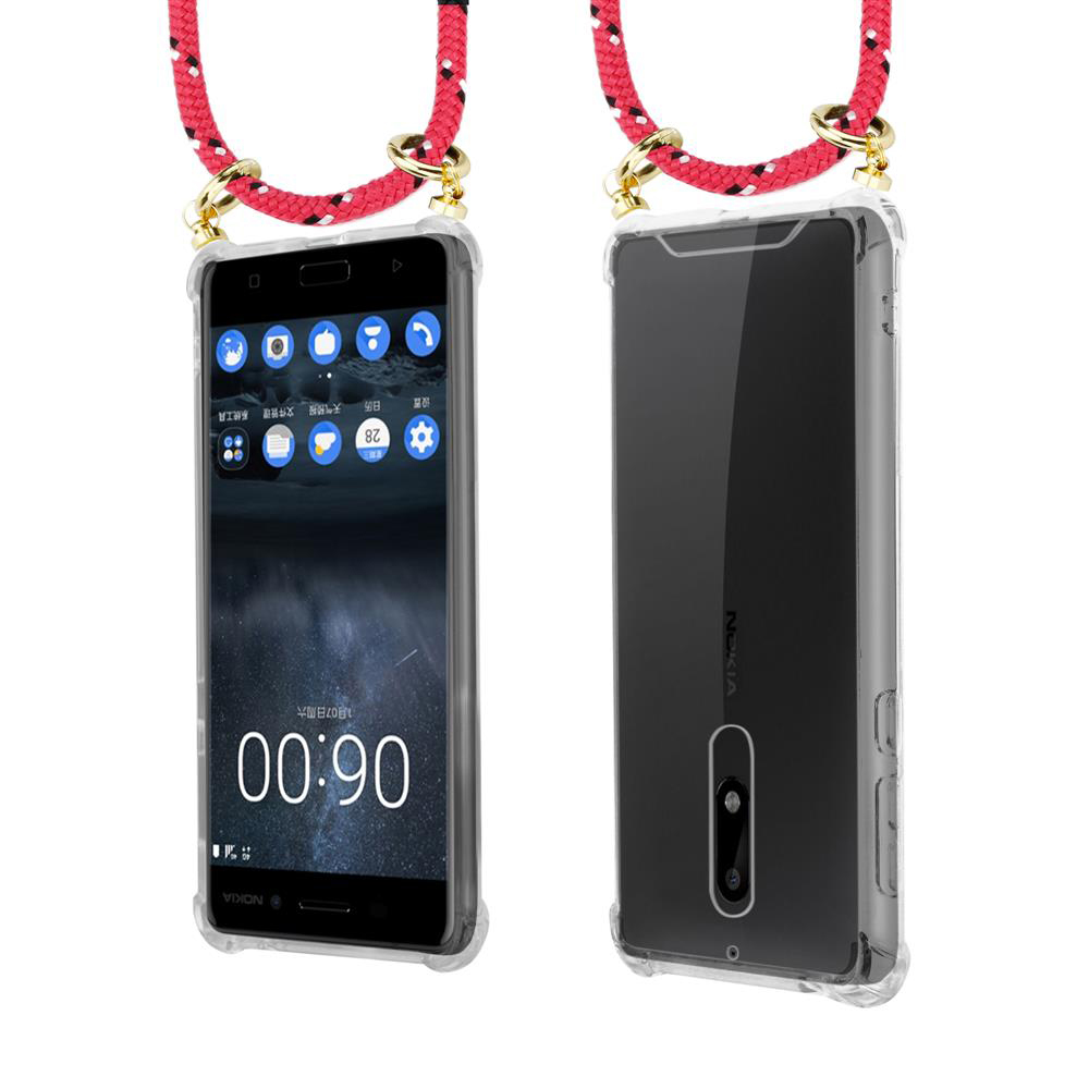 Ein Nokia-Handy in einer transparenten Hülle mit rotem Band.