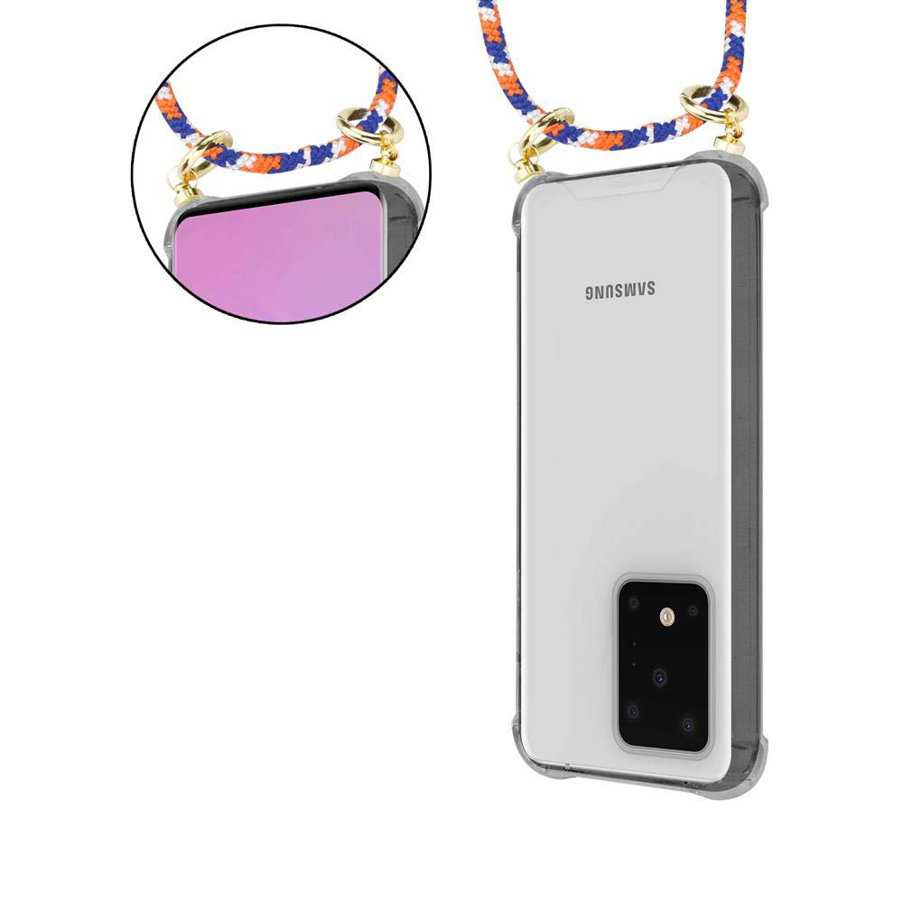 Un telefono Samsung in una custodia trasparente con un cordino intrecciato attaccato agli anelli.