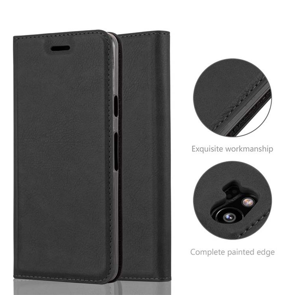 Ein schwarzes Leder-Flip-Case für ein Smartphone, das von der Seite gezeigt wird.
