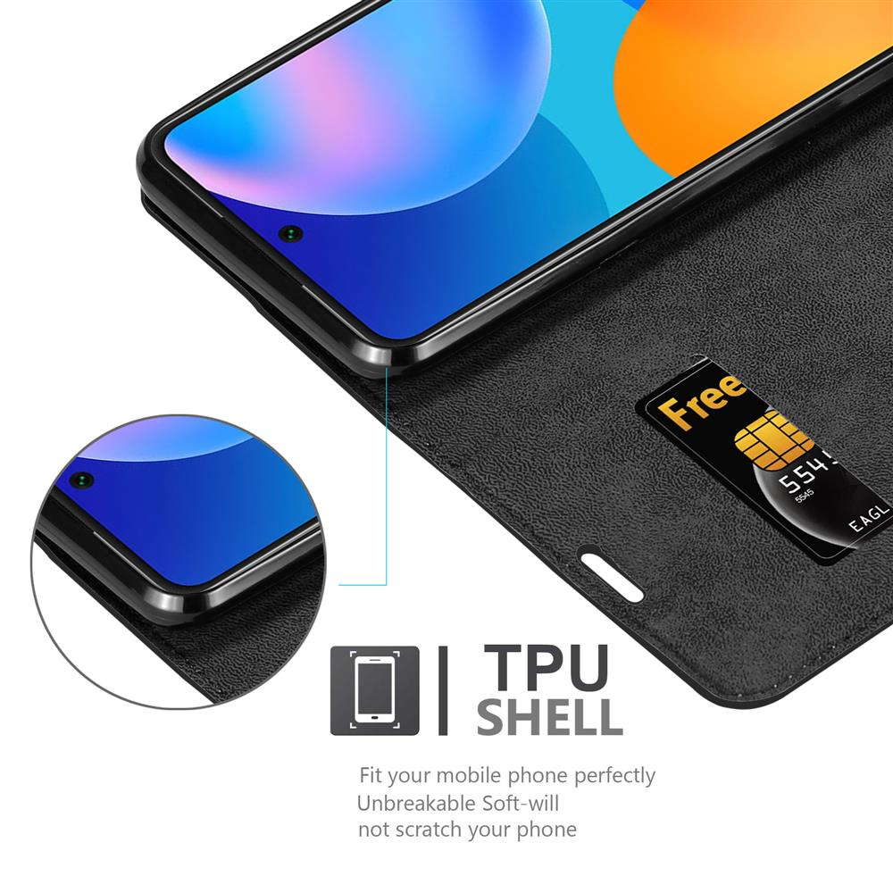 Una custodia a flip nera per smartphone con una SIM card.