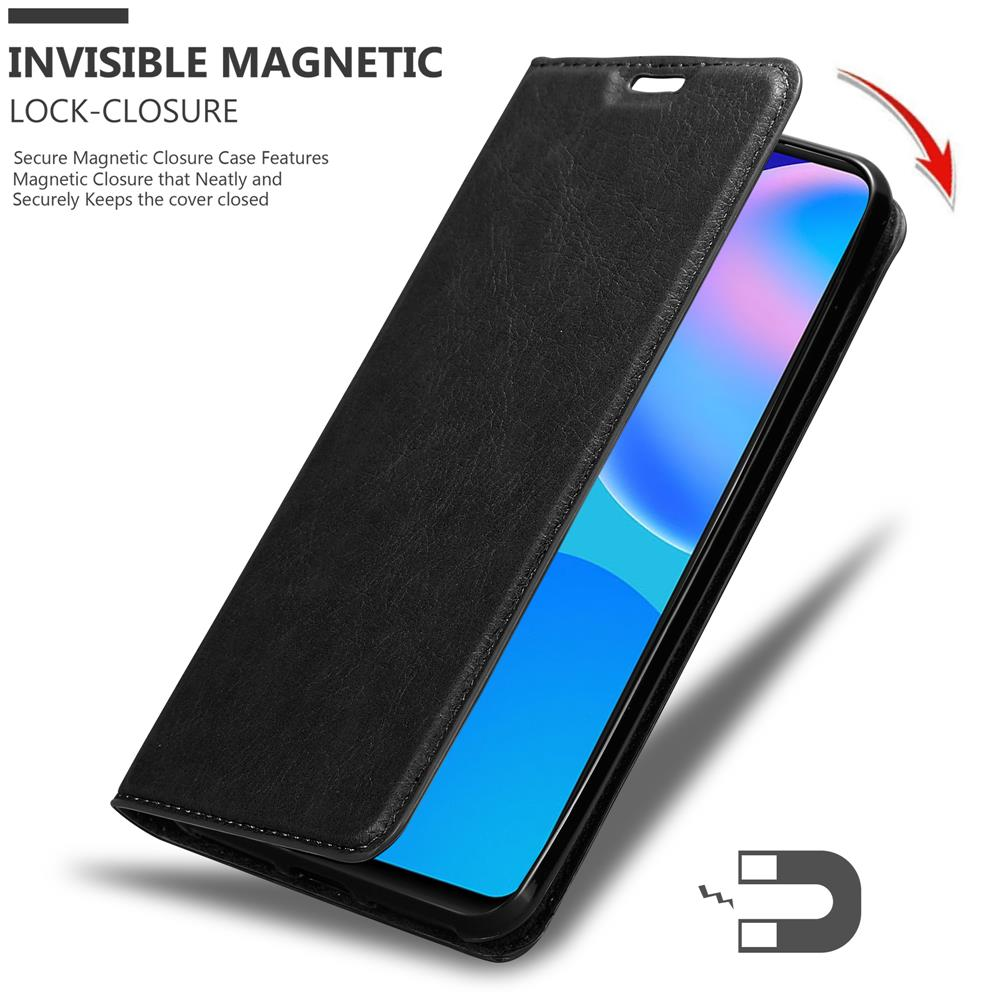 Custodia nera per telefono con chiusura magnetica mostrata in apertura.