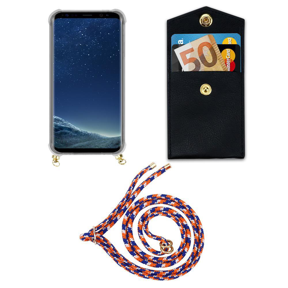 Smartphone con custodia, portafoglio nero con soldi e carte, e un cordone.