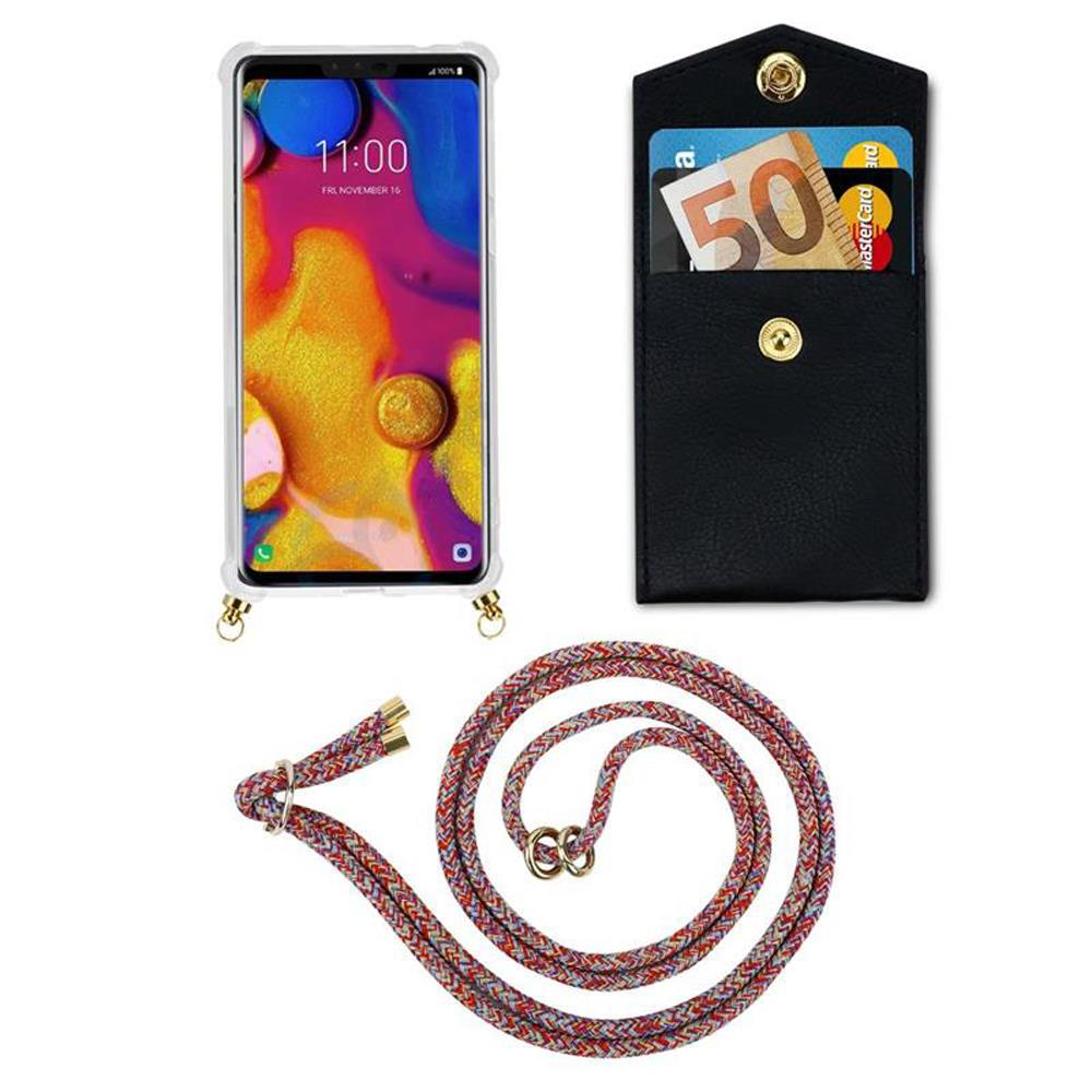 Ein Smartphone mit bunter Sperrbildschirm-Grafik, eine schwarze Brieftasche mit Karten und Geld und eine Kordel.
