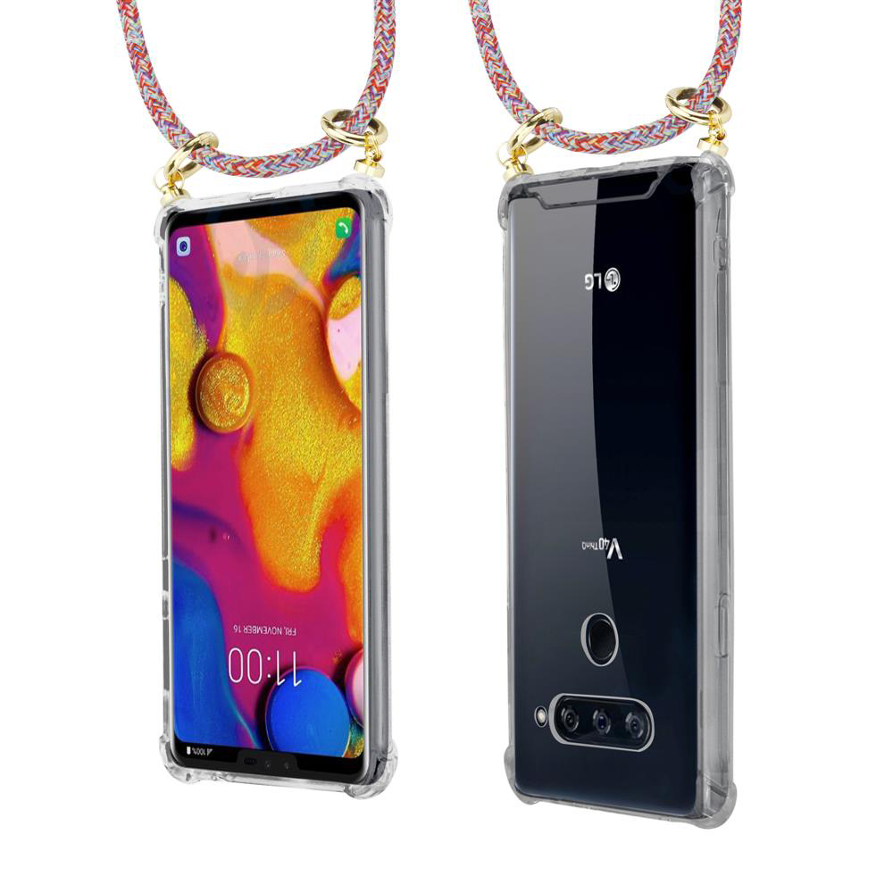 Zwei Ansichten eines transparenten Handyhülle mit Lanyard. Vorderseite zeigt Display, Rückseite Logo.