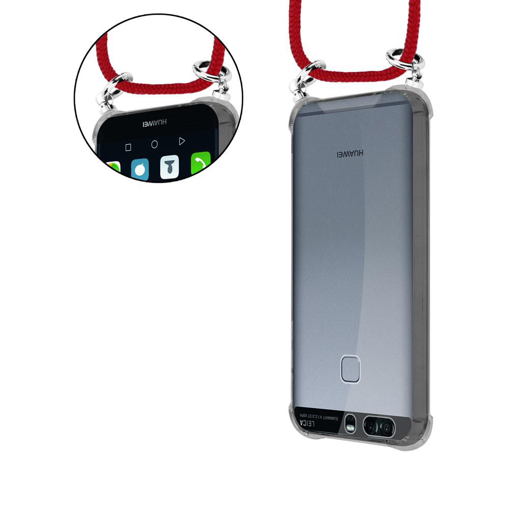 Ein Huawei-Smartphone in einer transparenten Hülle mit rotem Trageriemen.