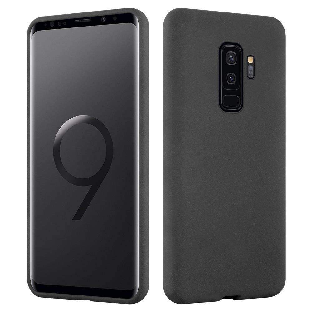 Uno smartphone scuro con logo "9" e custodia nera.
