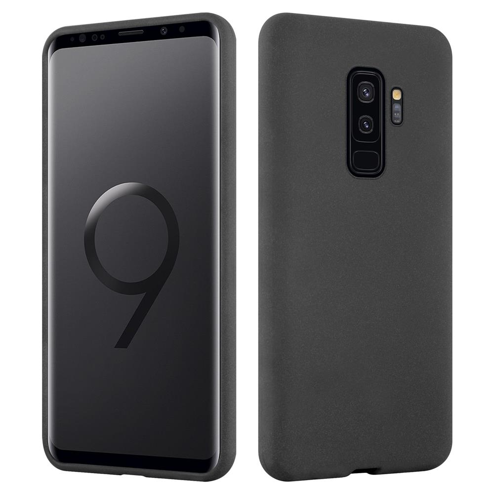 Uno smartphone nero con custodia, mostrato fronte e retro.