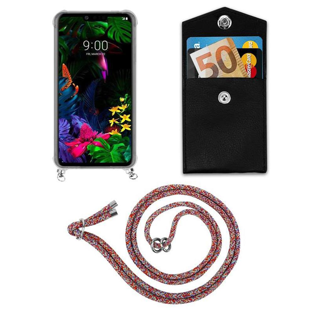 Ein Smartphone mit bunter Wallpaper, daneben eine schwarze Tasche mit 50-Euro-Schein und Karte.