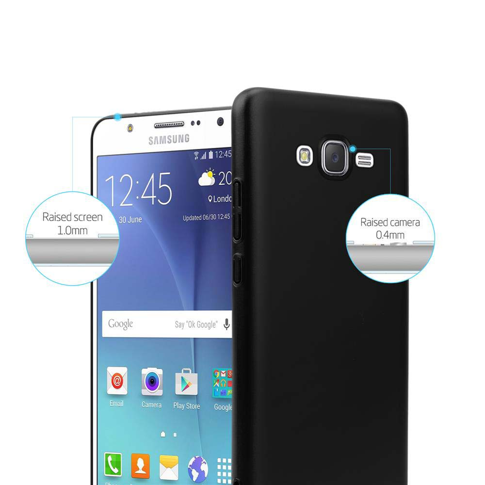Ein schwarzes Samsung-Handy mit Schutzhülle. Zeigt erhöhten Bildschirm und Kamera.