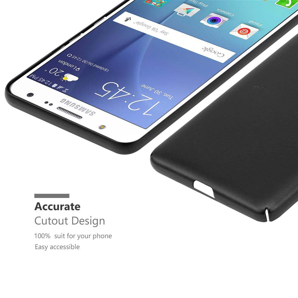 Schwarze Handyhülle neben Samsung-Handy mit 12:45 Uhr und Wetter.