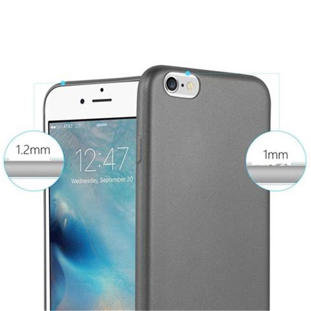 Custodia grigia per telefono su un iPhone che mostra le 12:47. 1,2 mm e 1 mm.