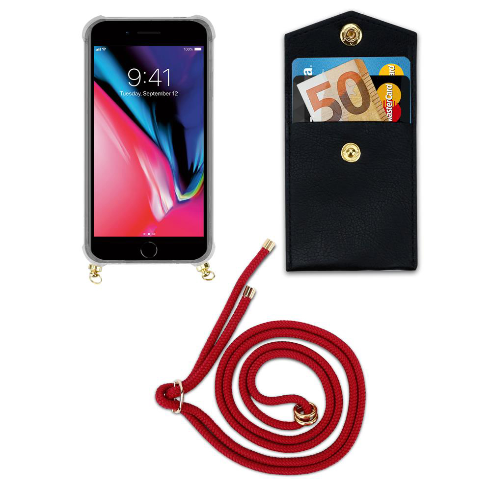 iPhone con cordino rosso e portafoglio nero con soldi e carte.