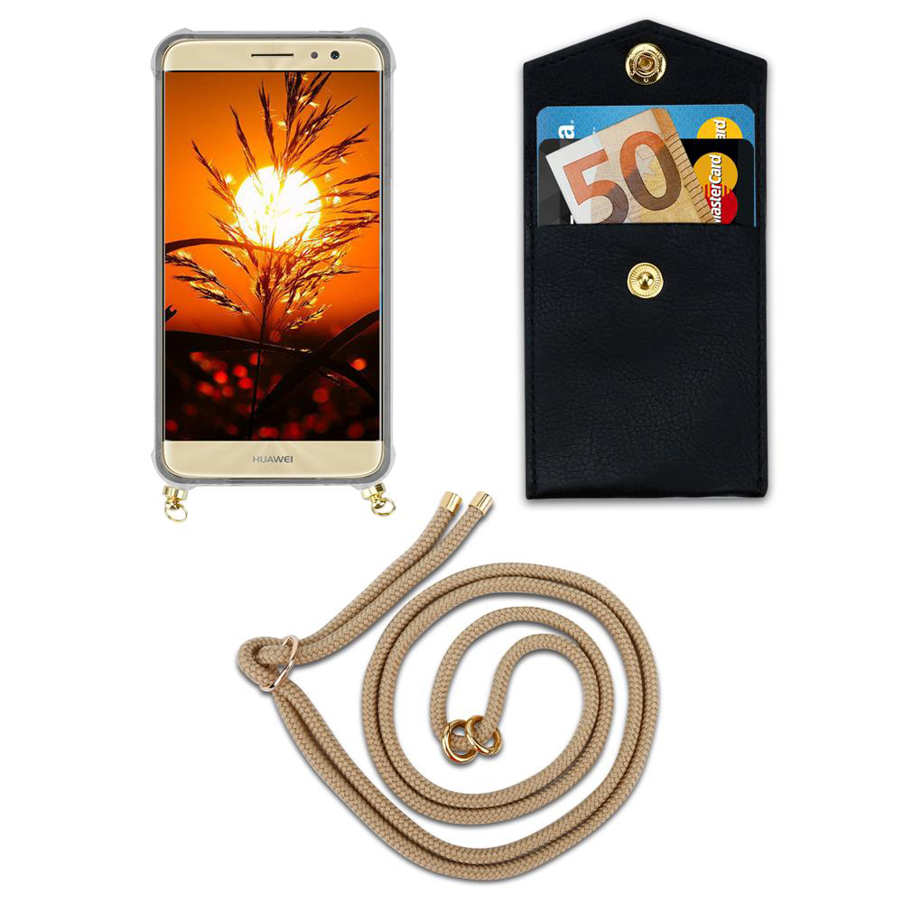 Smartphone con sfondo tramonto, tasca nera con soldi e carte, cordino beige.