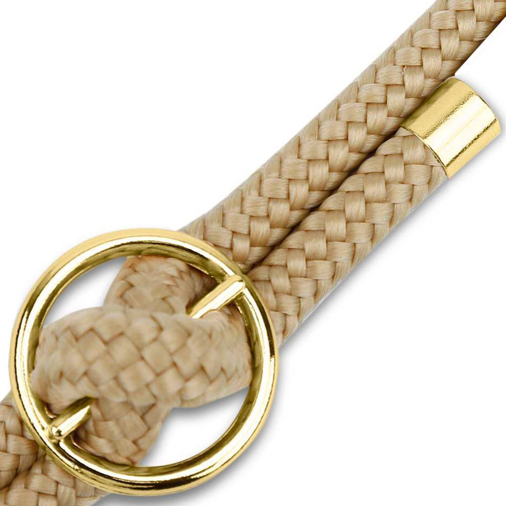 Un cordone intrecciato beige con un anello e un cappuccio dorati.