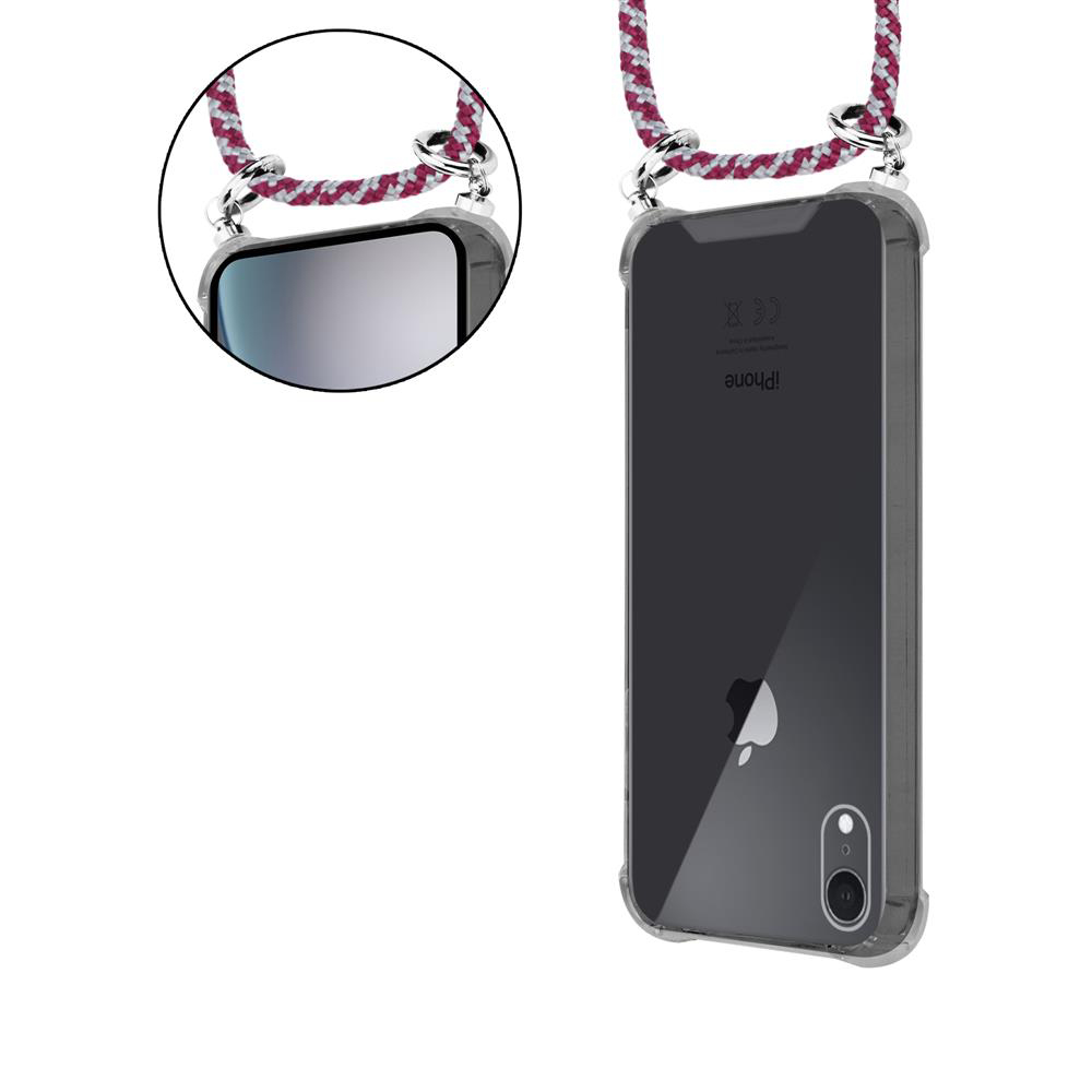 Ein transparentes iPhone-Gehäuse mit einem roten und weißen Band.