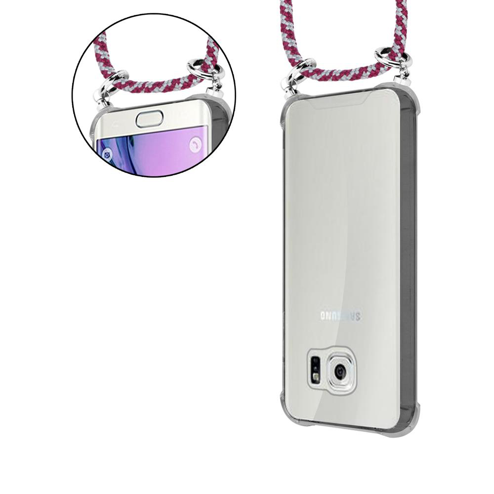 Smartphone mit transparentem Case und Schnur, Vorder- und Rückseite.