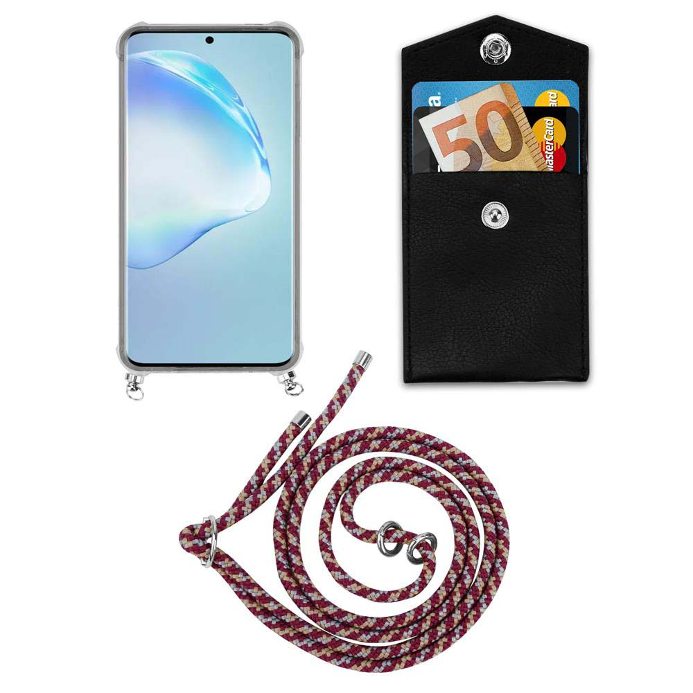 Una custodia trasparente per telefono con cinturino, un portafoglio nero con banconota da 50 euro e un cordone rosso.