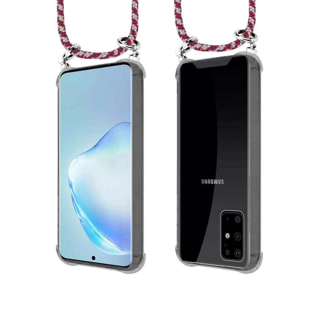 Uno smartphone in custodia trasparente con cinturino, viste frontale e posteriore.