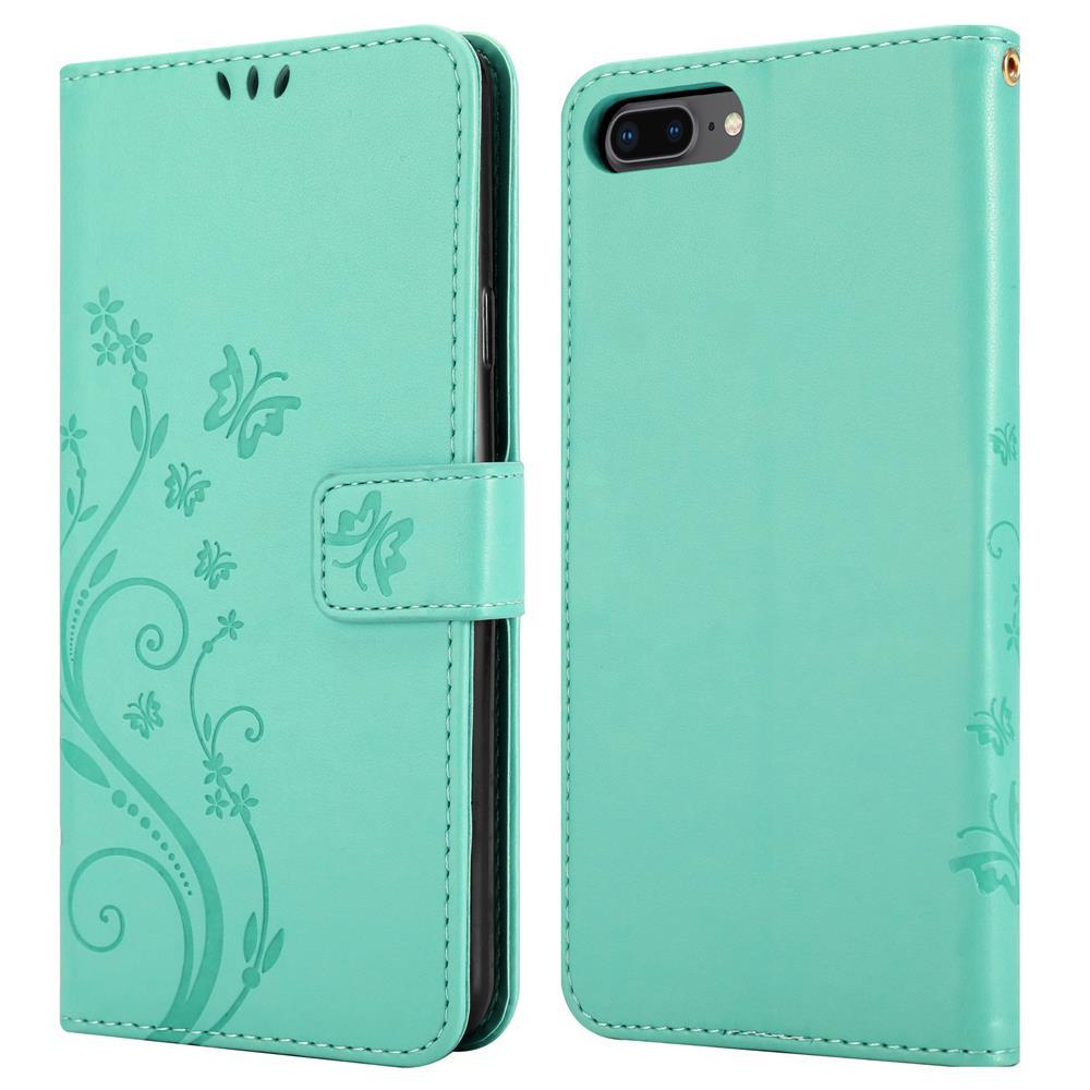 Custodia flip per telefono color verde acqua con motivi floreali.