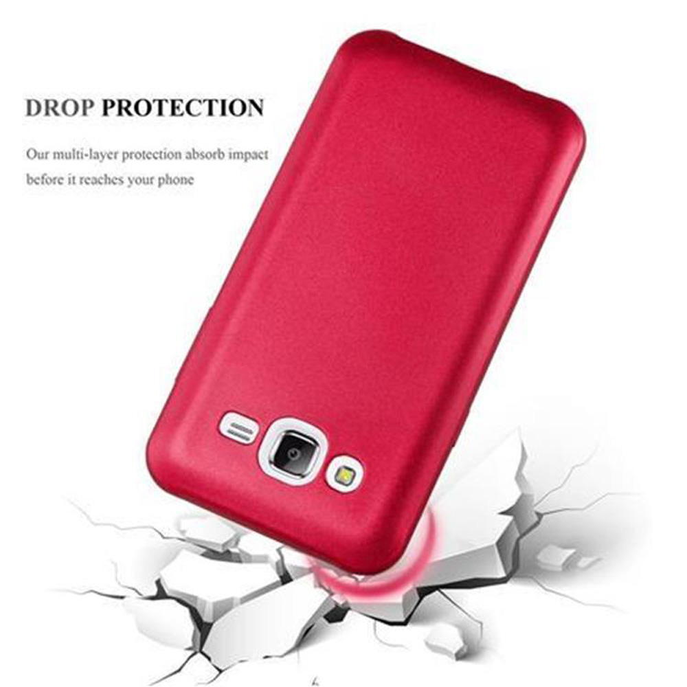 Cover rossa per telefono sfonda mattoni bianchi, mostrando protezione.