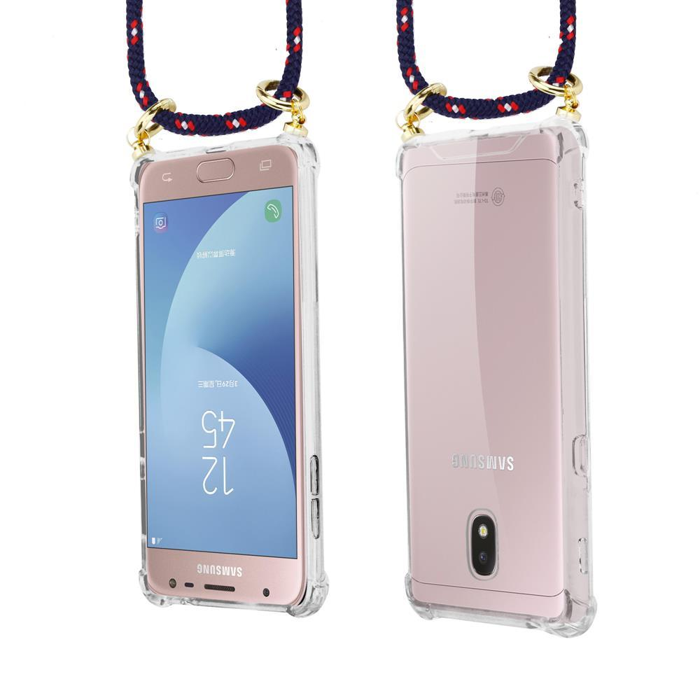 Un Samsung rosa in custodia trasparente con laccetto, visto fronte e retro.
