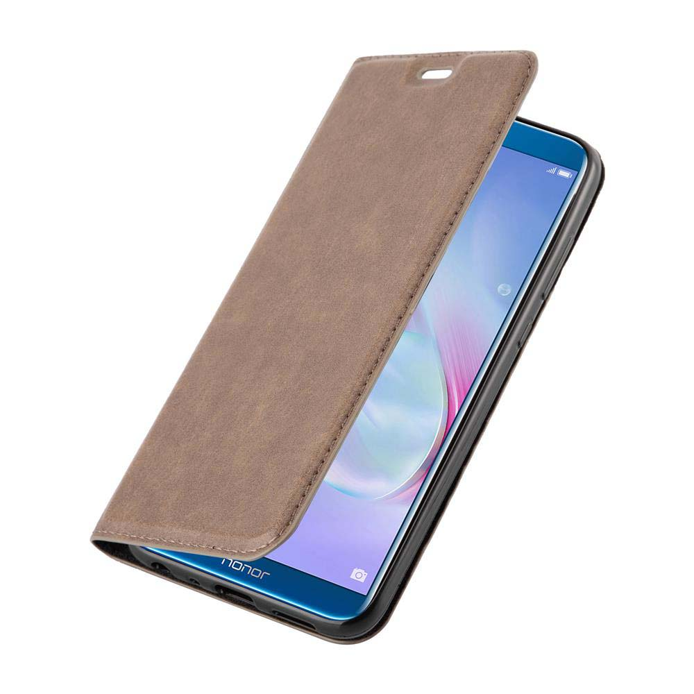 Ein braunes Handycover liegt auf einem Smartphone mit offenem Bildschirm.