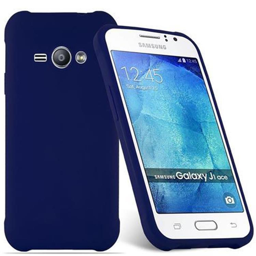 Ein dunkelblauer Samsung Galaxy J1 Ace Handyhülle und das Telefon.