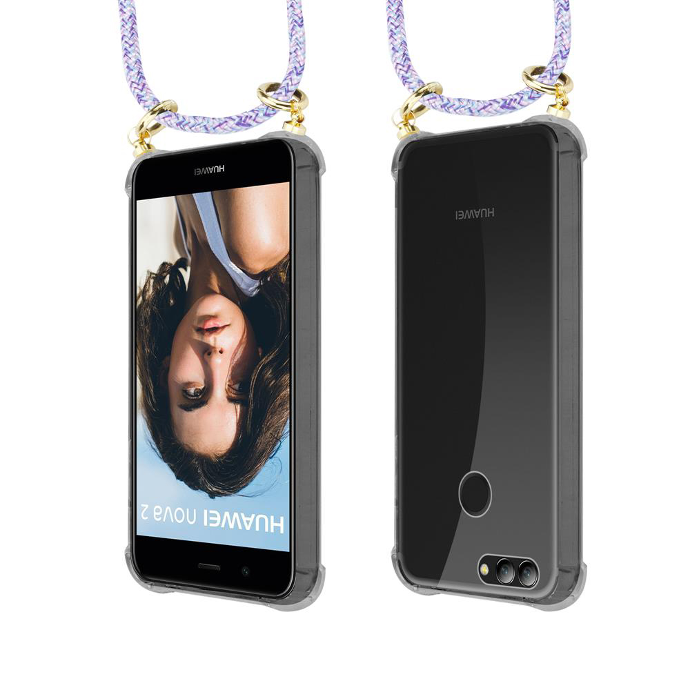 Due smartphone Huawei Nova 2 con cordoni, vista frontale e posteriore.
