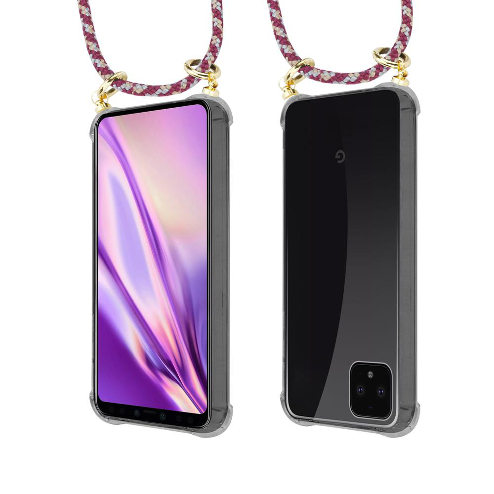 Zwei transparente Handyhüllen mit Schnüren, die an goldenen Ringen befestigt sind.