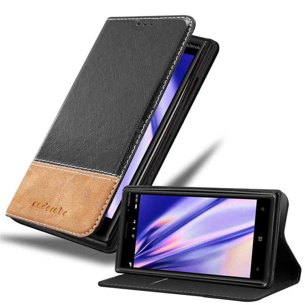 Una custodia in pelle nera e marrone per un telefono Nokia, mostrata aperta.