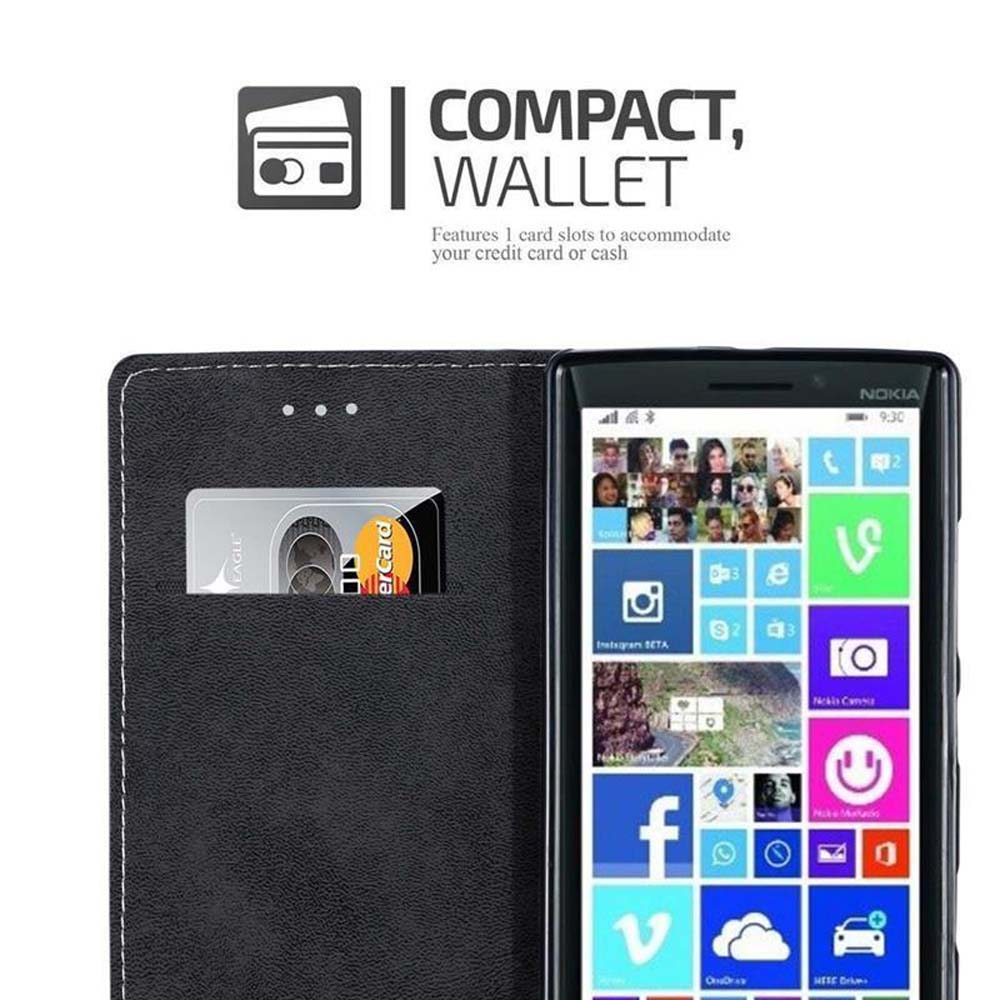 Portafoglio nero con carta e smartphone Nokia che mostra app.