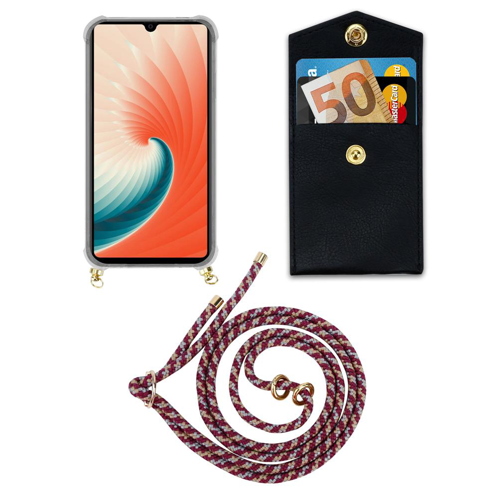 Smartphone con custodia, portafoglio con soldi e carta, e cordino.