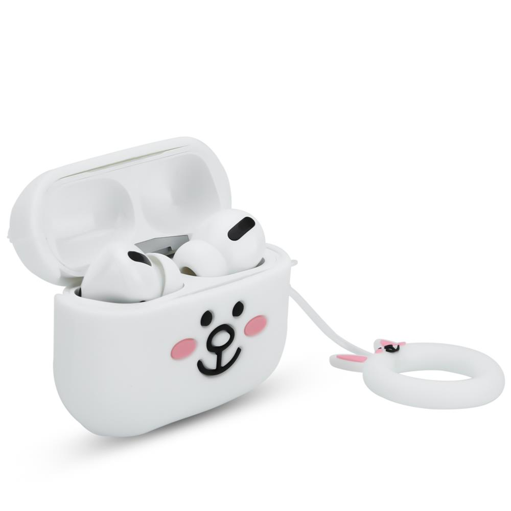 Weiße Hülle für kabellose Ohrhörer mit Kawaii-Gesicht und rosa Wangen, geöffnet.
