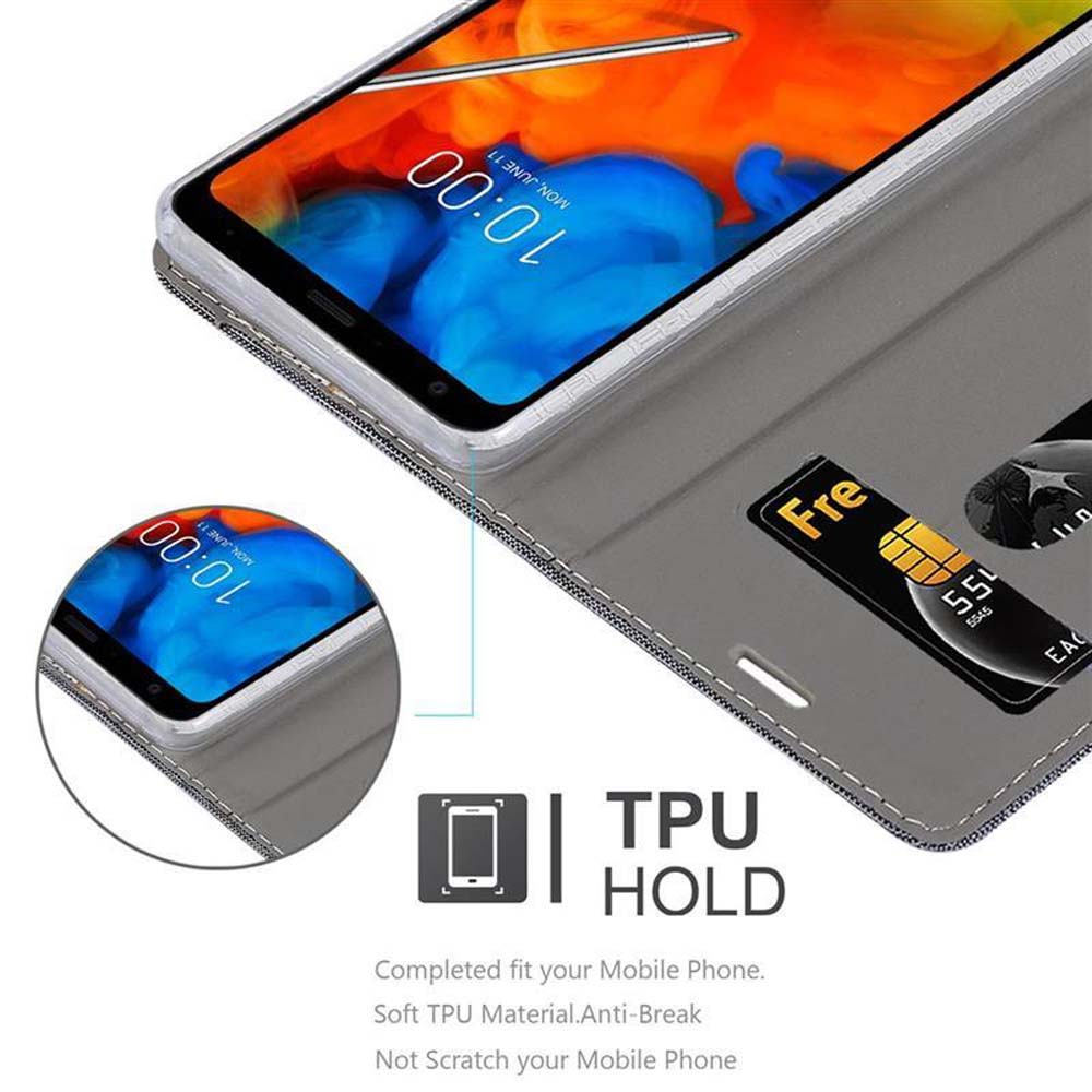 Custodia grigia per telefono con slot per carte e copertina apribile. Mostra le 10:00.
