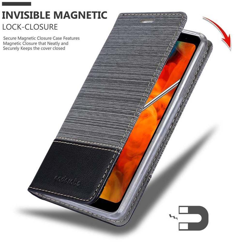 Custodia per telefono grigia con chiusura magnetica, mostra interni con sfondo arancio.