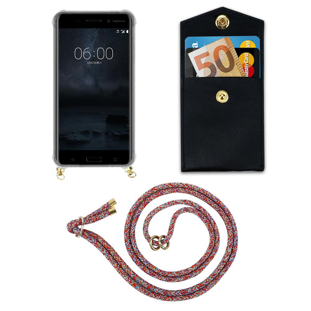 Ein Smartphone mit Hülle, ein Kartenetui mit Geld und Karten, und eine bunte Kordel.