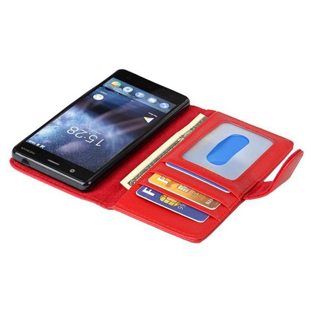 Un portafoglio rosso con telefono, carte di credito e finestra ID.