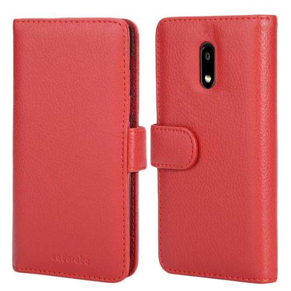 Custodia in pelle rossa per telefono, mostrata chiusa e aperta con ritaglio fotocamera.