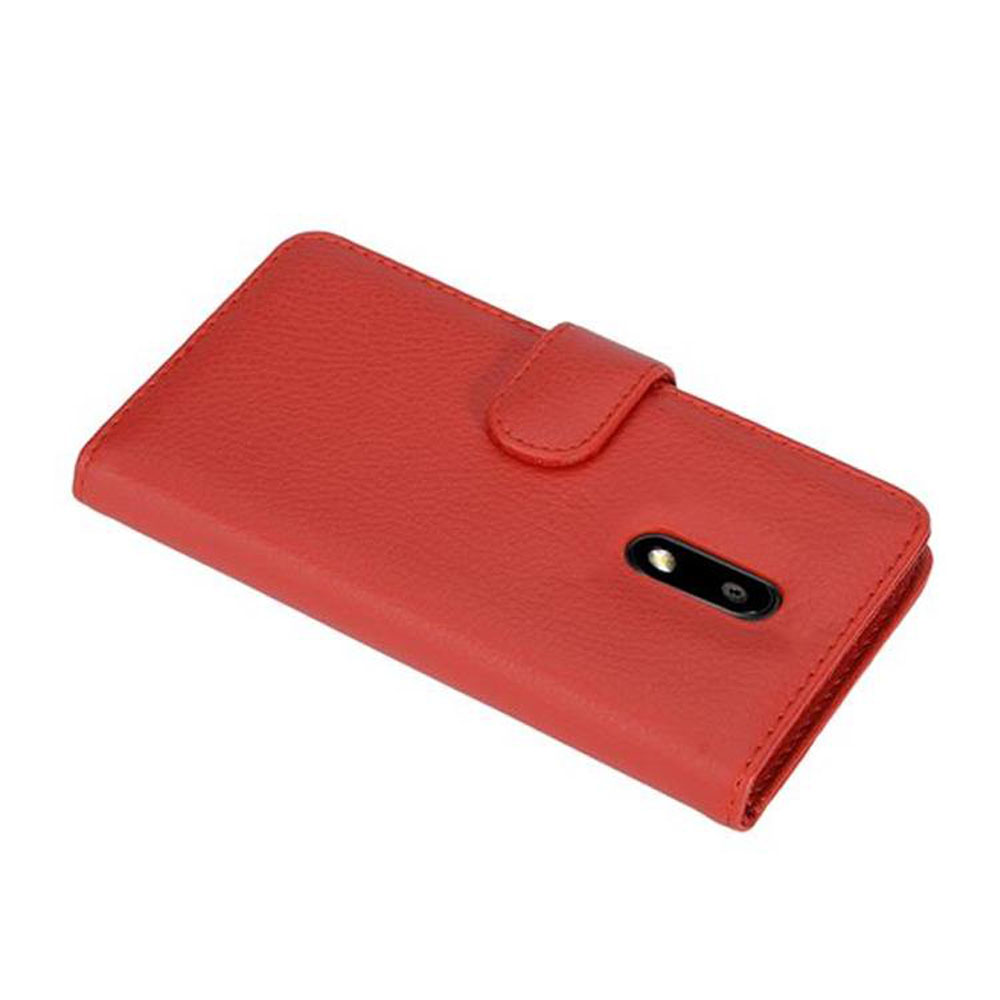 Custodia rossa per telefono con foro per fotocamera e chiusura.