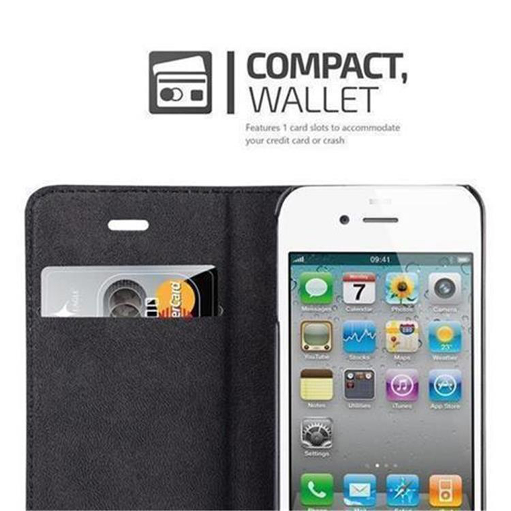 Una custodia nera per iPhone con slot per carte mostra una carta di credito e un iPhone.