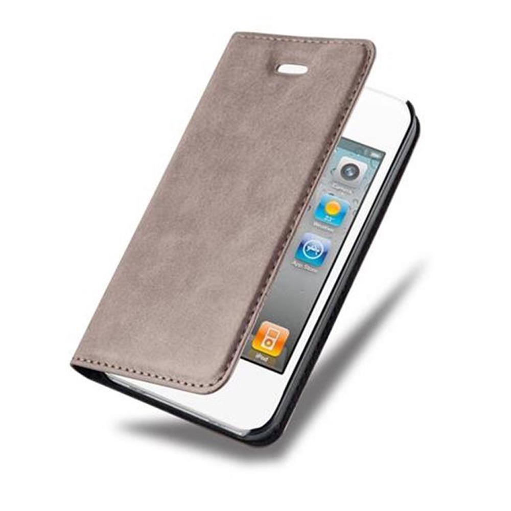 Una custodia a flip grigia si apre parzialmente su uno smartphone bianco con icone.