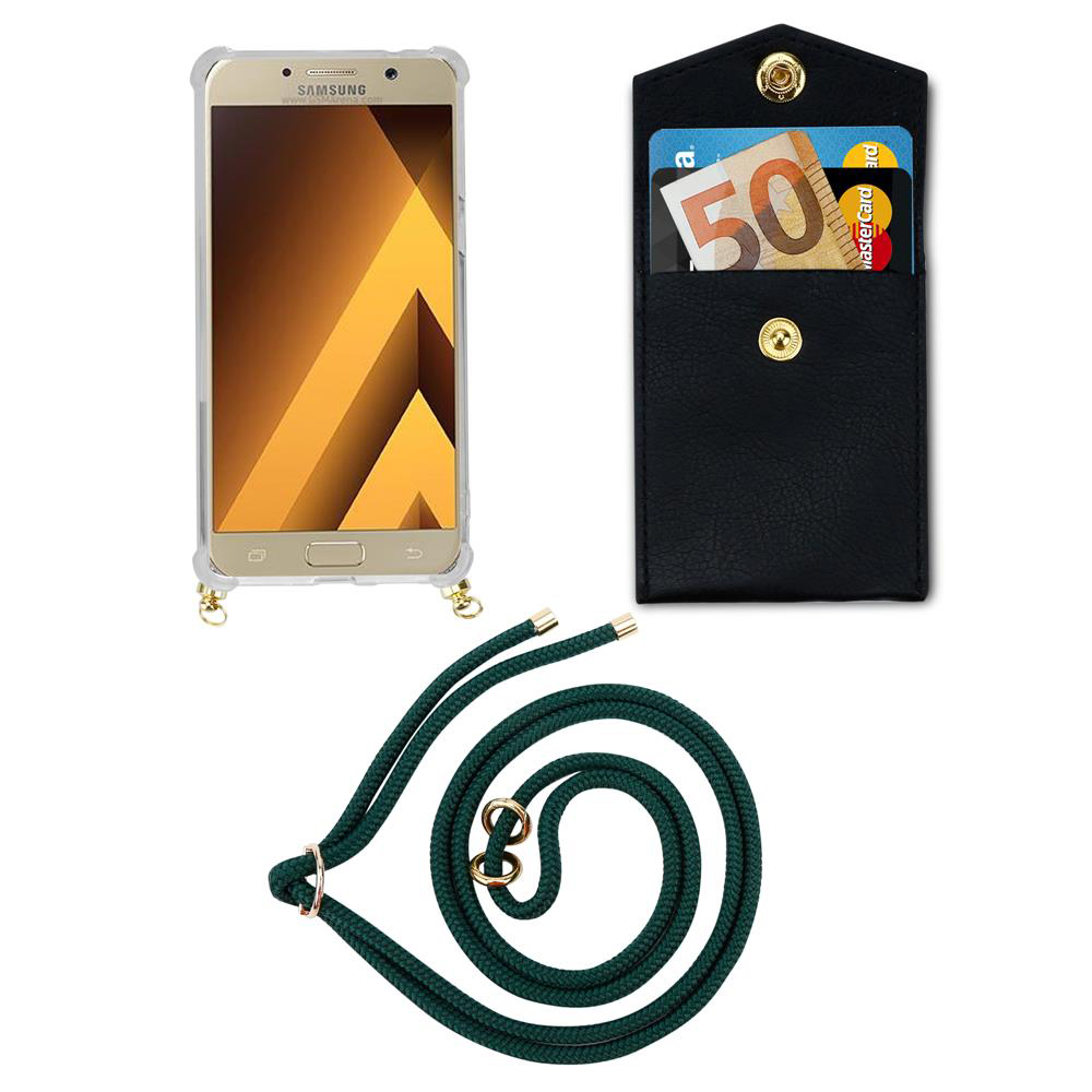 Telefono Samsung dorato in custodia trasparente, portafoglio nero con soldi e carte, e cordino.