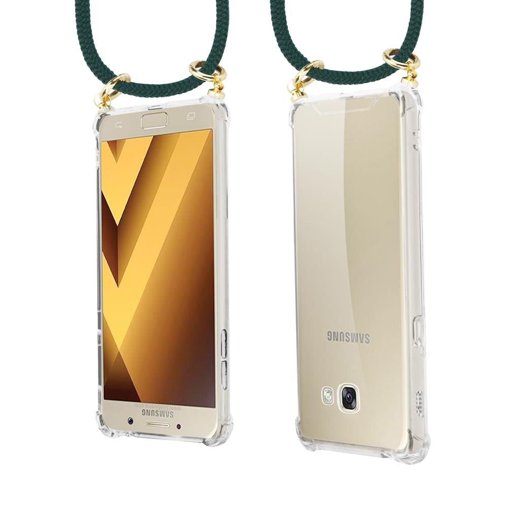 Una custodia trasparente per telefono con laccetto verde, vista frontale e posteriore.