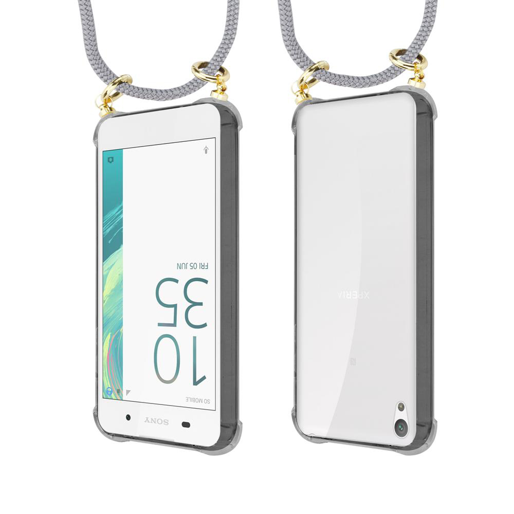 Zwei weiße Sony Xperia Handys mit grauen Tragebändern, Vorder- und Rückansicht.